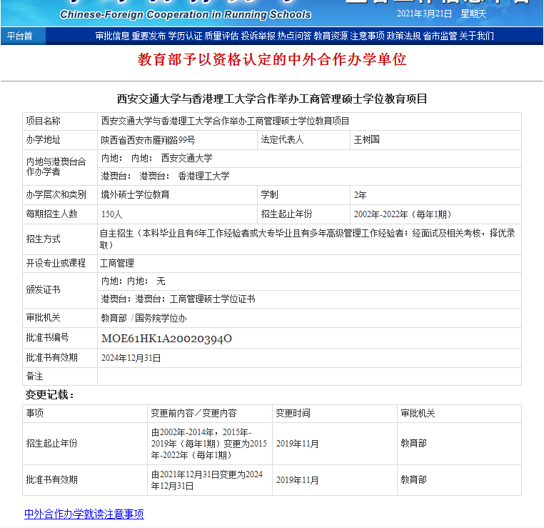 中外合作办学硕士项目-教育部批文